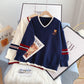 Embroidered bear V-neck Pullover female  4929