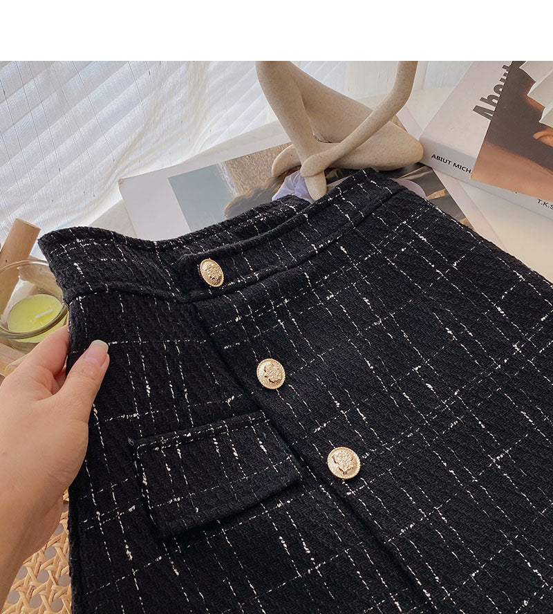 Irregular design high waist single breasted A-line slim plaid skirt  5382