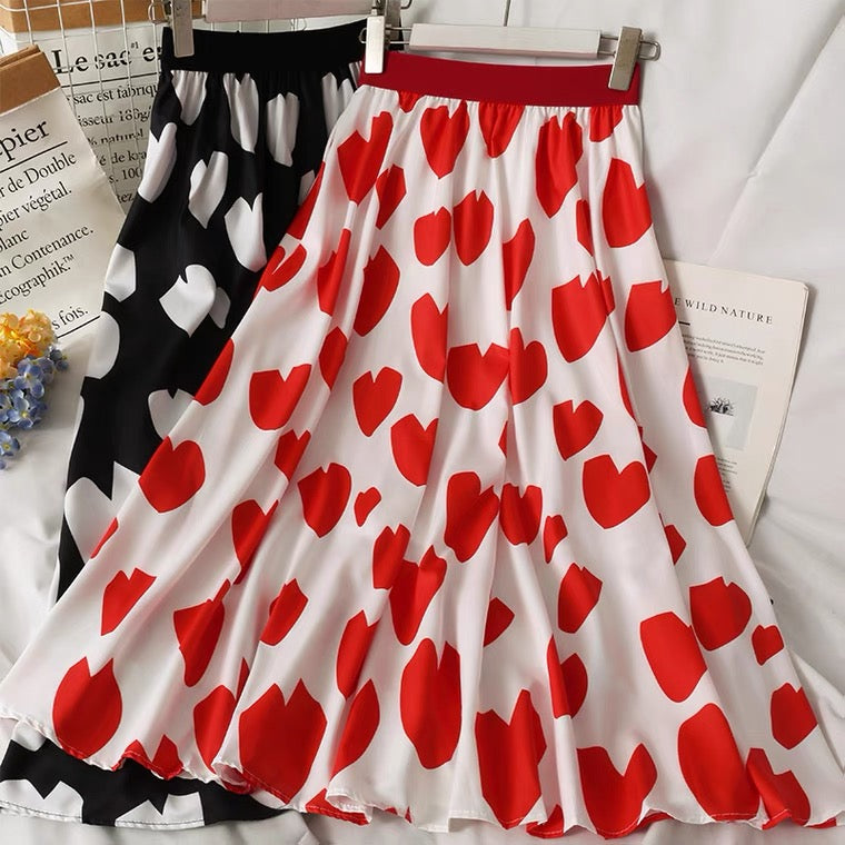 Jupe mi-longue à imprimé coeur, vent doux, jupe trapèze fine taille haute 3595