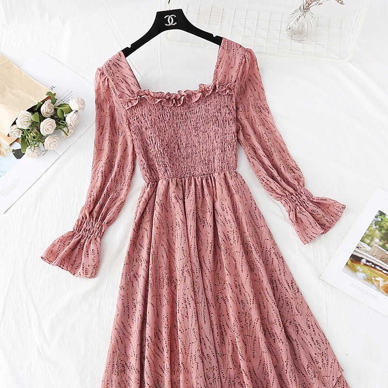 French retro square collar with slim waist and floral long skirt  4022