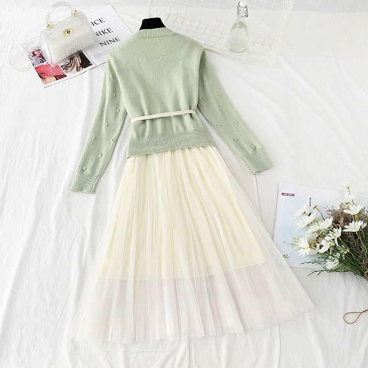 New gentle sweater with mesh suspender skirt two-piece set  4403