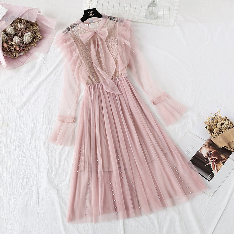 New nail bead lace up French retro super xiansen sweet skirt  4452