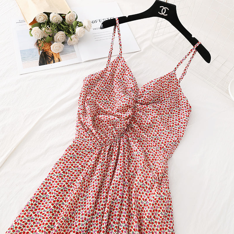 Strapskleid mit gebrochenen Blumen, super Xiansen im französischen Stil, schmale Taille 4111