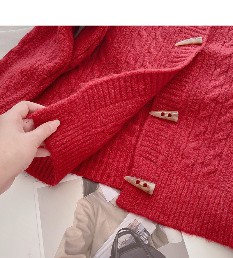 Ox horn button round neck twist sweater  6169