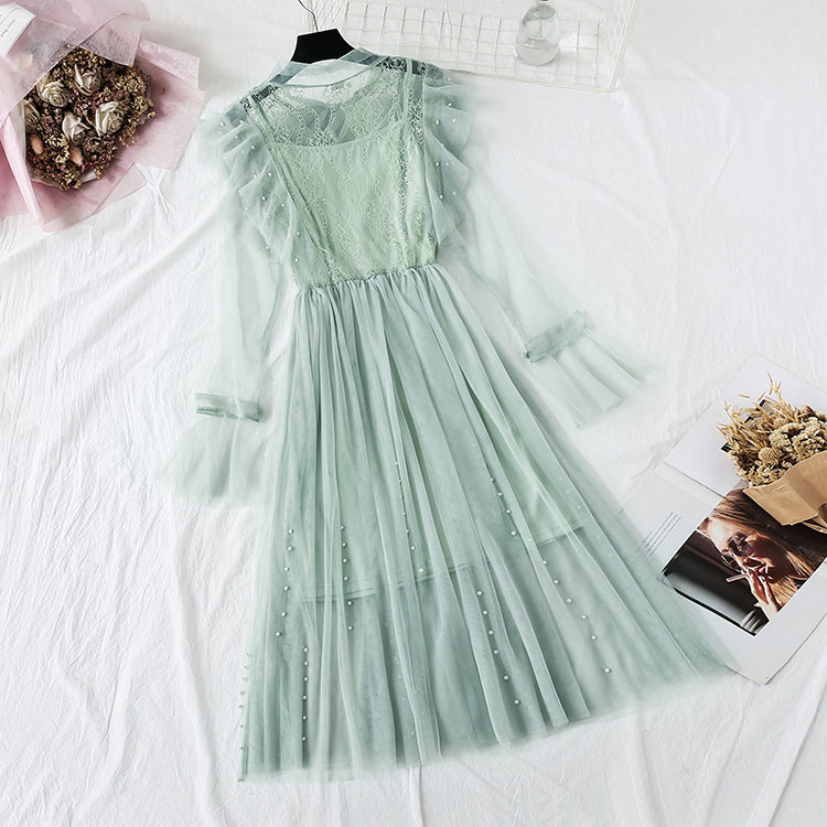 New nail bead lace up French retro super xiansen sweet skirt  4452