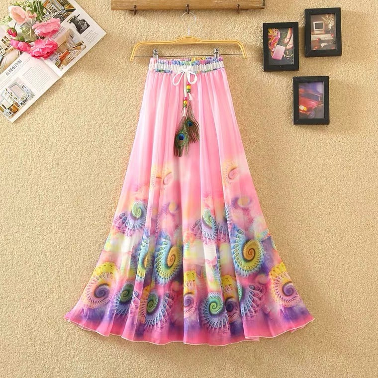 Summer, Bohemian midi skirts, chiffon skirts, vintage printed, elastic-waisted dresses  3636