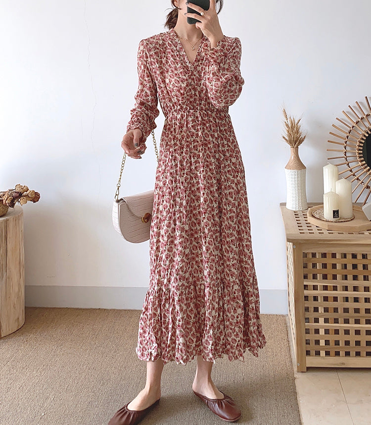 Fashion Pleated Chiffon Floral Dress  3898