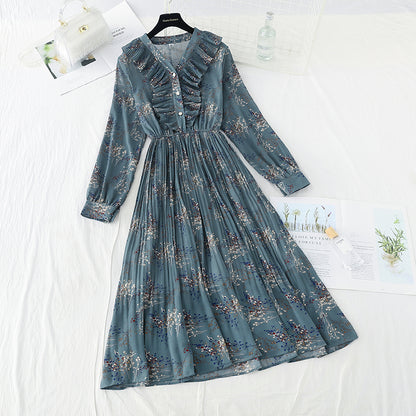 New Vintage high waist thin broken flower pleated fairy Chiffon Skirt  4540