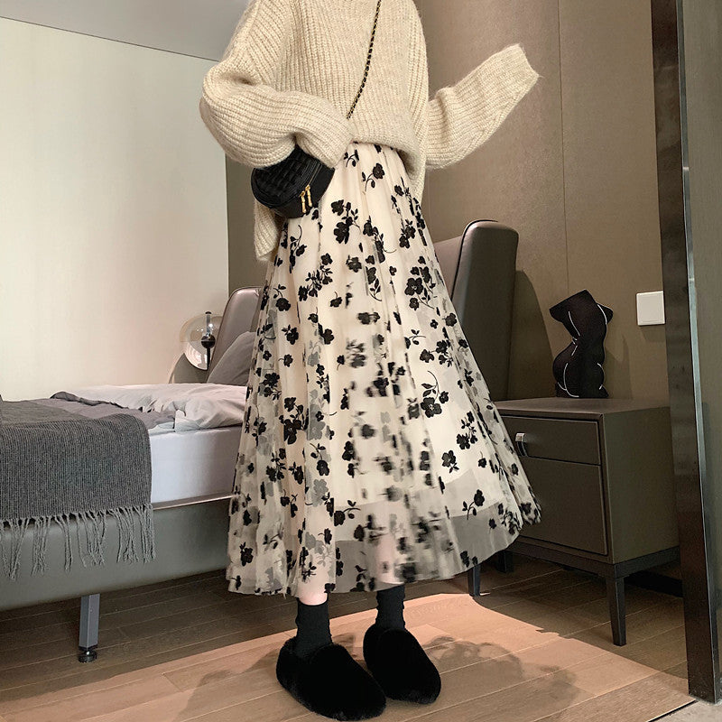 New skirt, flocking flower embroidered mesh gauze skirt  3697