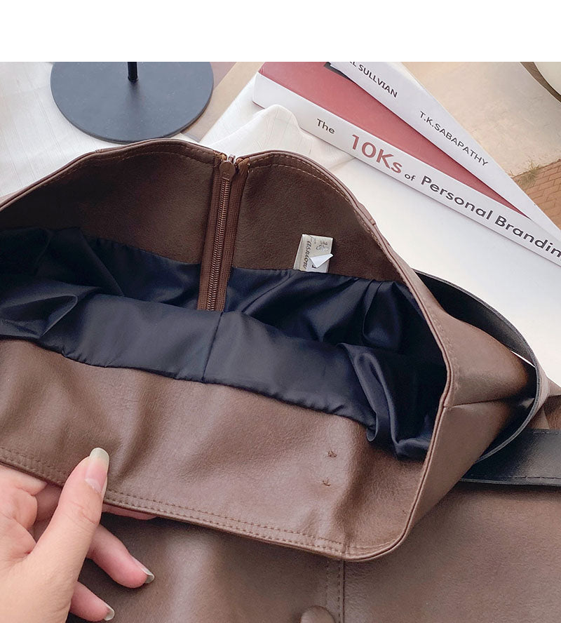 Fashion irregular button high waist thin wrap hip leather skirt  5509