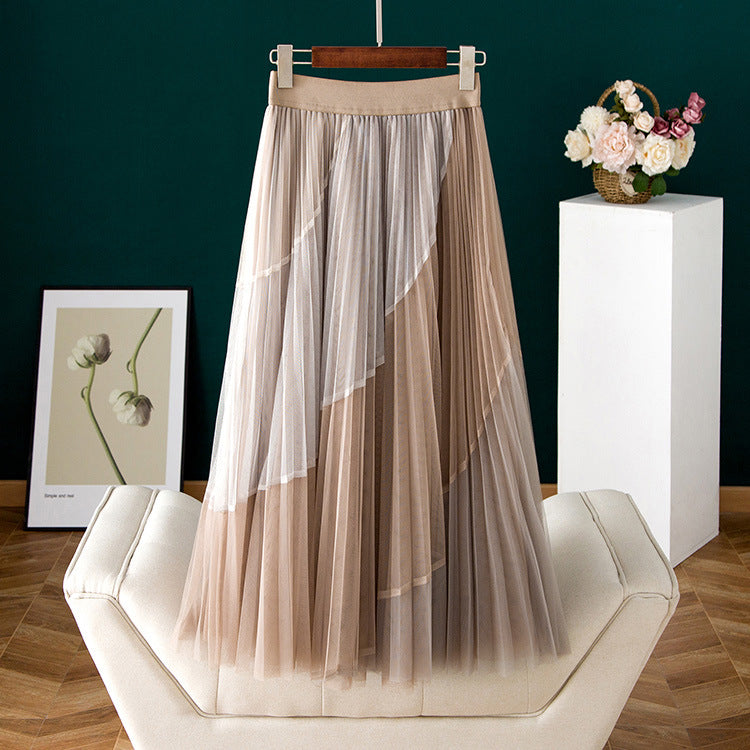 New color mesh gauze skirt, matching color splicing pleated skirt  3702