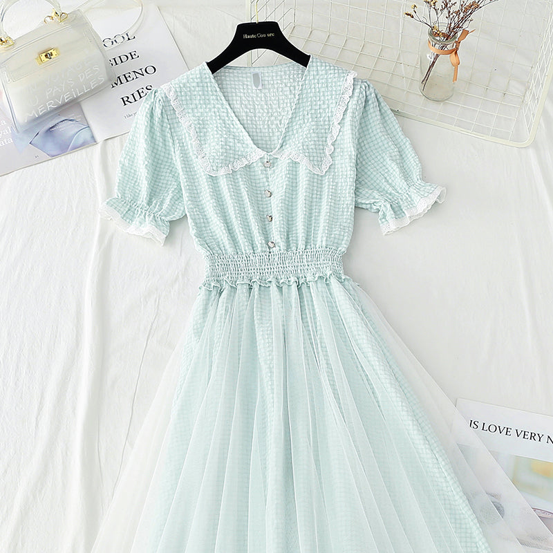 Baumwoll-Leinen-Kleid Karierter Feenrock aus Gaze Französischer Puppenkragen 4425