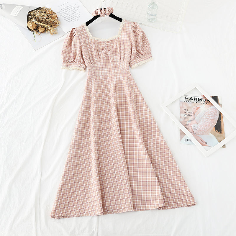 Slim waist, square neck, super immortal French retro long skirt  4660