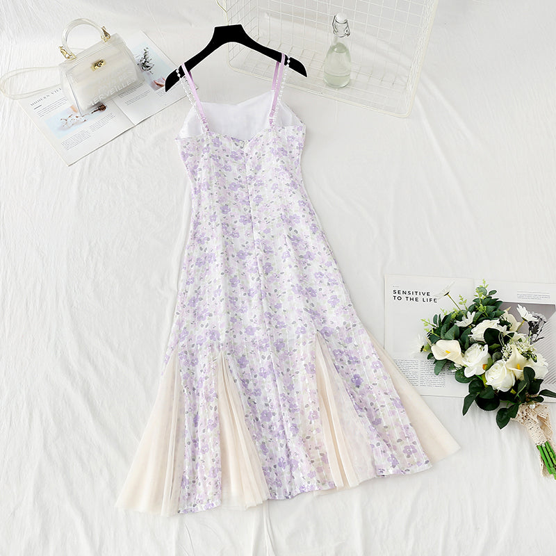 Design sense niche purple fishtail skirt Chiffon floral suspender dress  4409