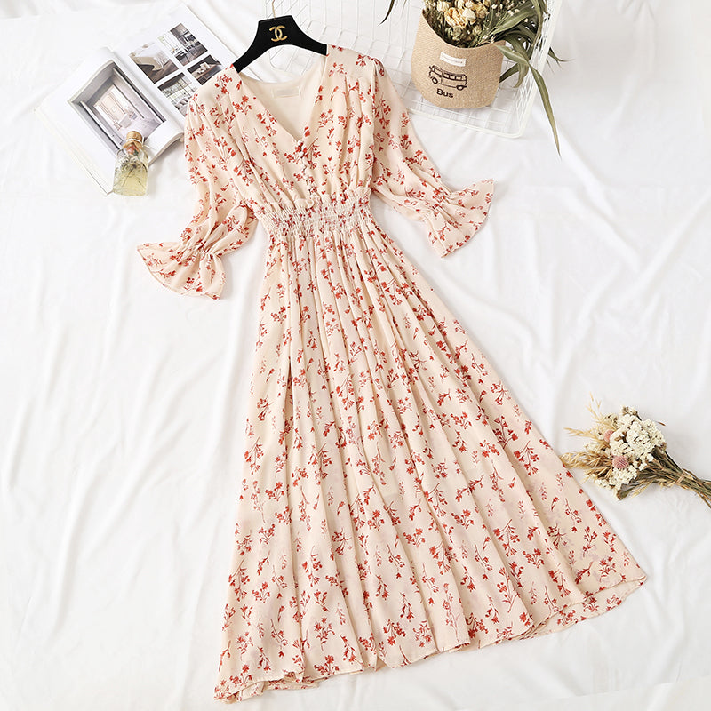 Chiffon-Kleid mit Blumenmuster, französische Minderheit, Retro-Rock, schmale Taille 4475