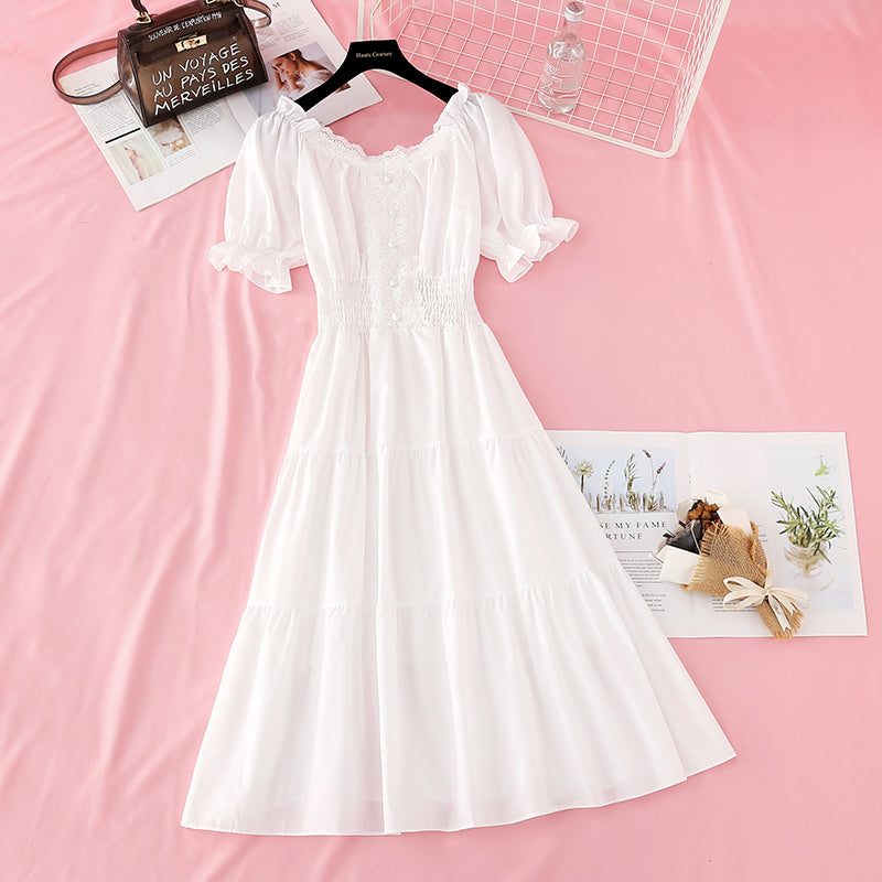 Bubble sleeve cotton linen dress lace edge French retro long skirt  4179