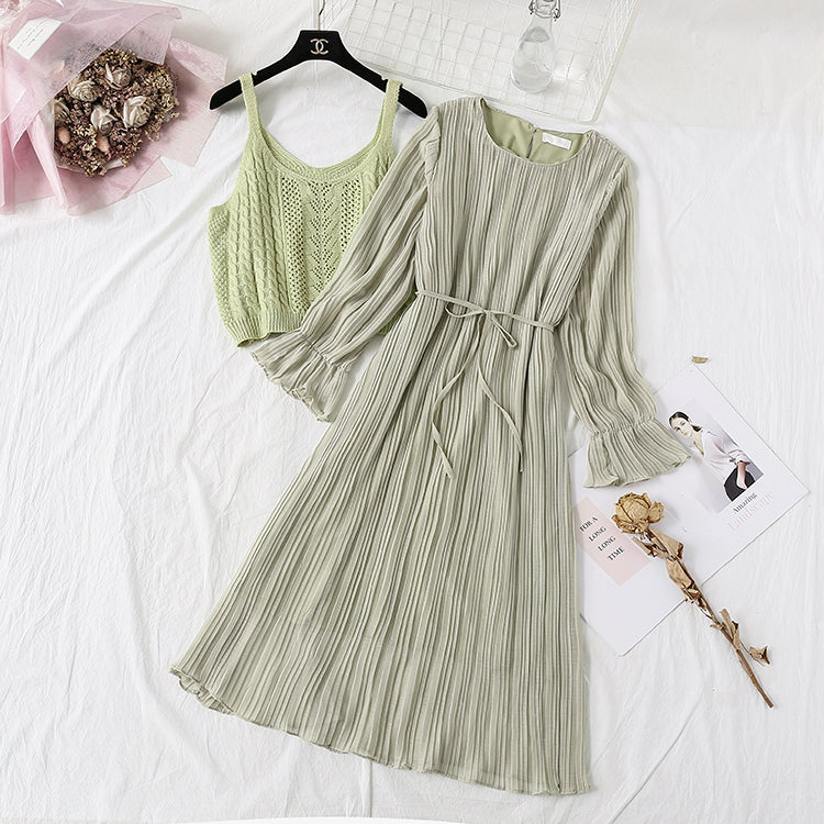 Long sleeved chiffon skirt + suspender knitted sweater vest suit  4448