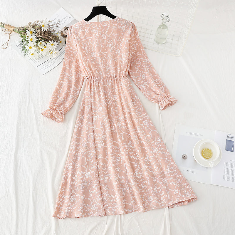 Chiffon floral dress with slim waist and gentle lady skirt  4091