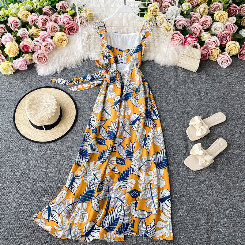 Ruffle lace up suspender Dress Chiffon Floral Dress  3790
