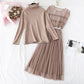 Mesh vest skirt + high neck bottomed shirt two-piece set  4376