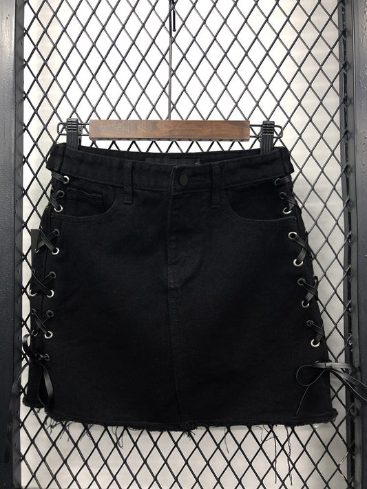 Side strap high waistwomen's denim skirtA line skirt  3718