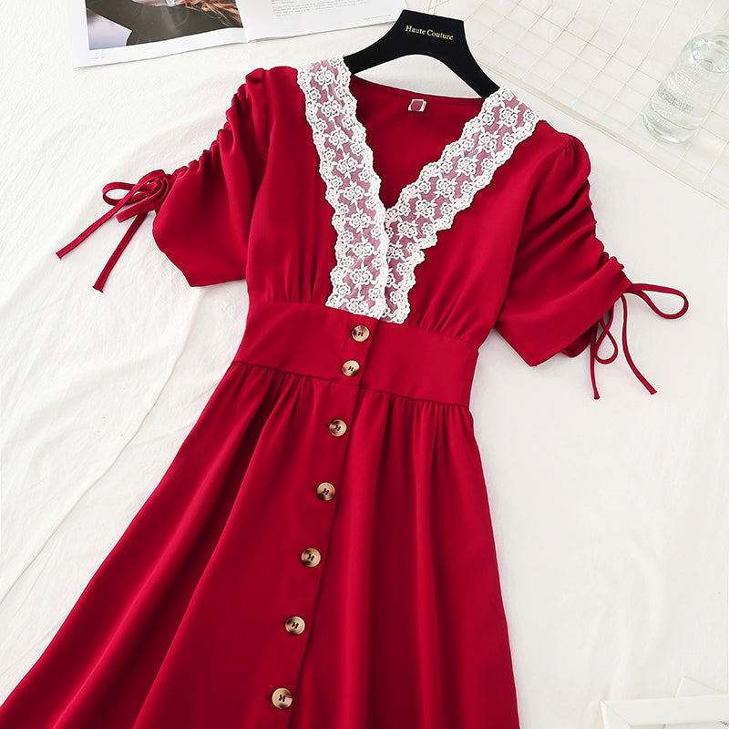 New Lace Waist closing slim bubble sleeve French retro dress  4622