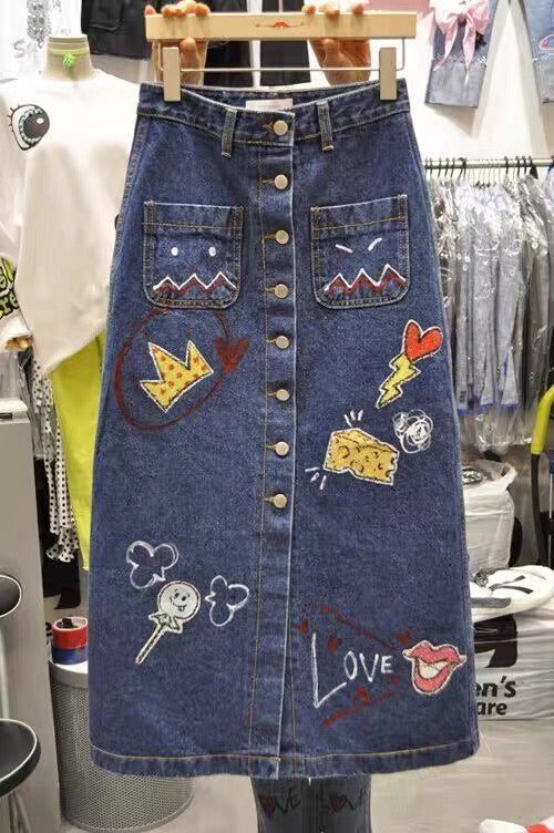 Neuer Stil für Frühling und Herbst, modischer Cowboyrock, figurbetonter Jeansrock für Frauen, süßer Druck A-Linie langer Rock 3671