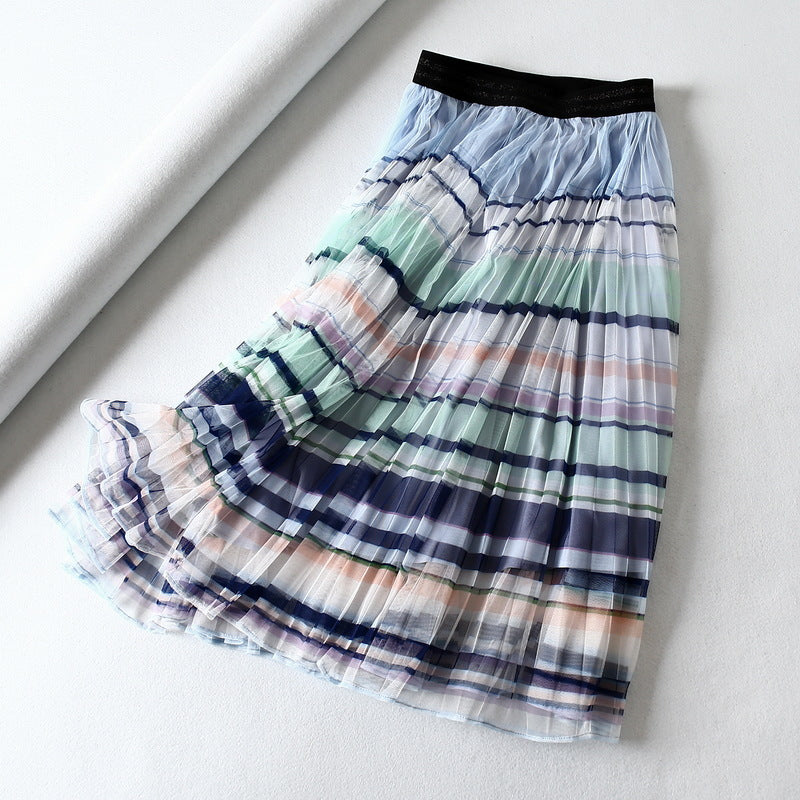 Neuer Großhandels-Regenbogenstreifen-Mesh-Plissee-Halbrock mit hoher Taille für Damen 3721