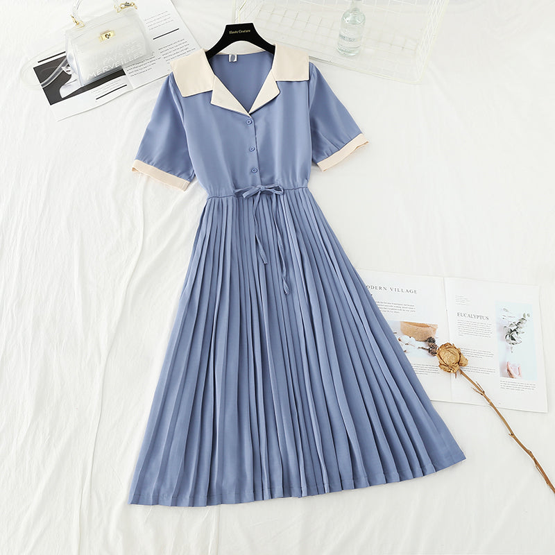 New style suit collar belt waistband slim pleated French dress  4676