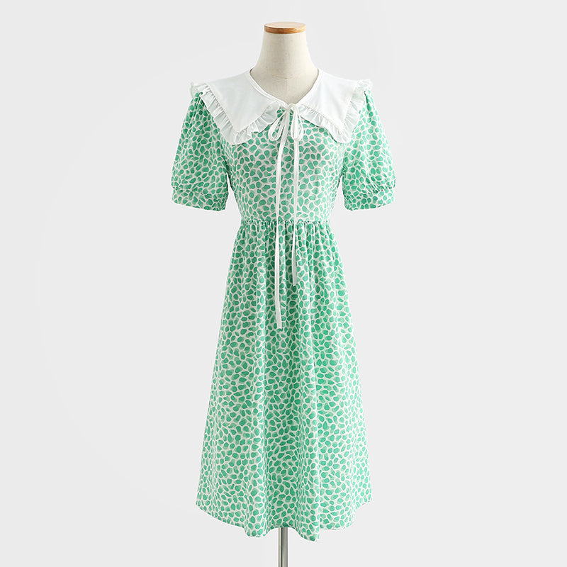 Französisches Retro-Puppenhals-Baumwoll-Leinen-Blumenkleid 4290