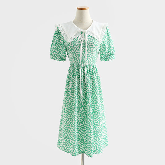 French retro doll neck cotton linen Floral Dress  4290