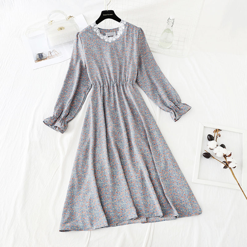Koreanisch geschnittenes Blumenkleid mit Taillenschnürung sieht dünn aus und Rock mit Boden 4840