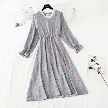Koreanisch geschnittenes Blumenkleid mit Taillenschnürung sieht dünn aus und Rock mit Boden 4840