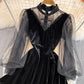 Lantern Sleeve stitched lace golden velvet cheongsam dress  3786