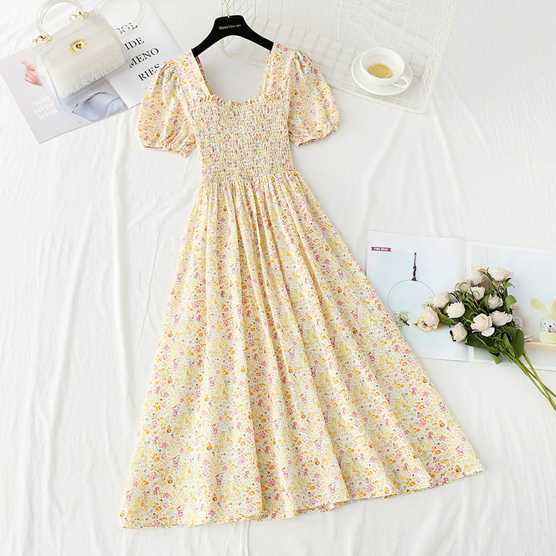 Neuer süßer rückenfreier Chiffon-Rock mit Blumenmuster und Blasenärmeln 4896