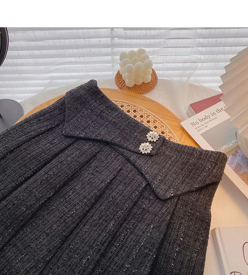 Small fragrance pleated skirt thin high waist tweed A-shaped plaid skirt  5291