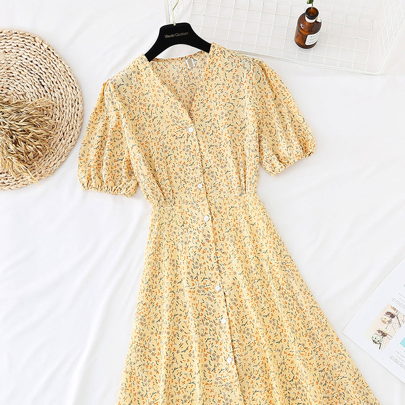 New waist closing single breasted slim Chiffon French retro dress  4516