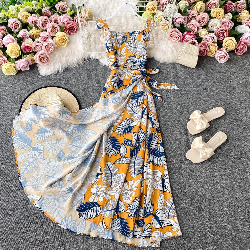 Ruffle lace up suspender Dress Chiffon Floral Dress  3790