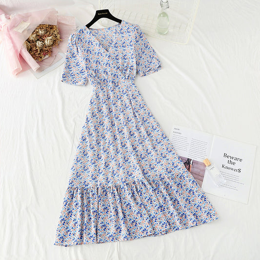 Geblümtes Chiffonkleid sanfter Wind langer Rock süßer V-Ausschnitt 4859
