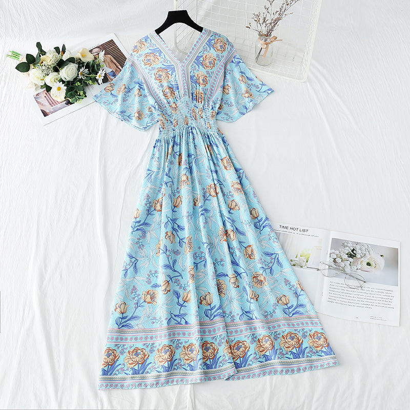 Robe en coton et lin style rétro français col en V style national 4258