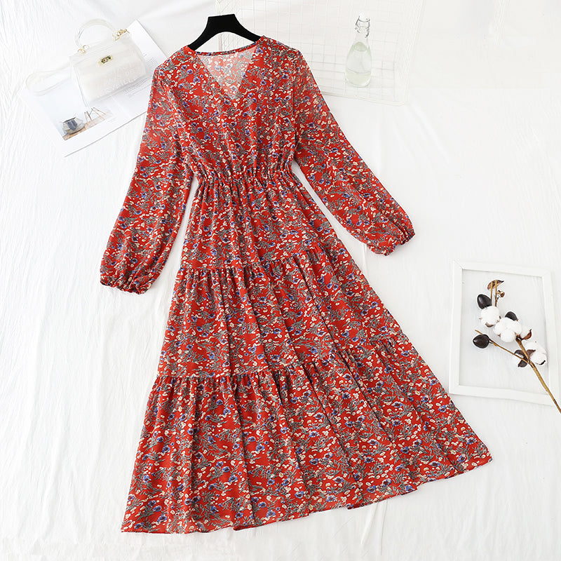 V-neck lace up waist Floral Dress  4062
