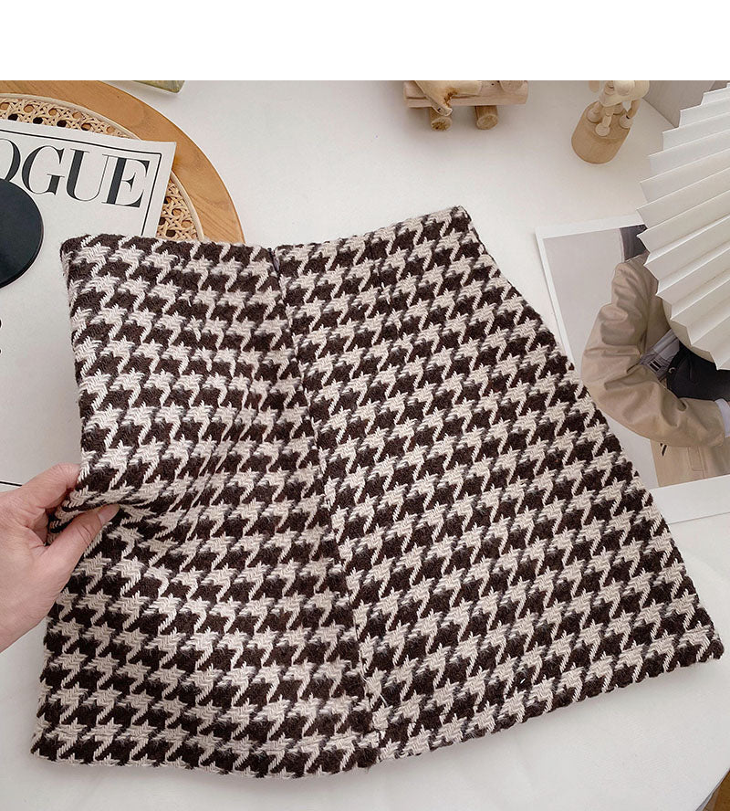 Pearl button small fragrance wind high waist thousand bird grid A-shaped skirt  5371