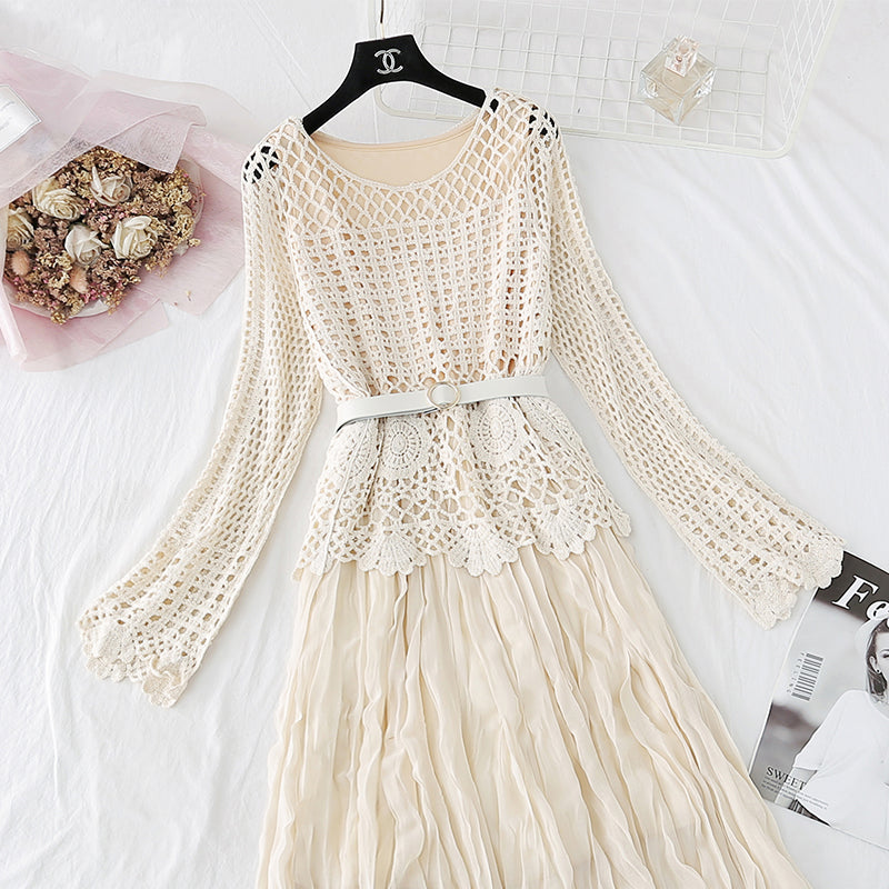 Hollowed out lace blouse Chiffon Dress  3801