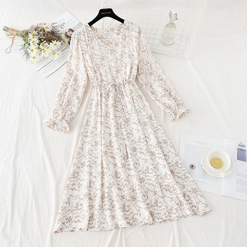Chiffon floral dress with slim waist and gentle lady skirt  4091