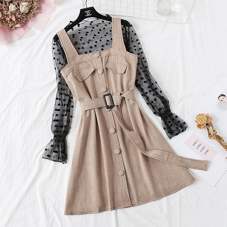 Strapskleid + Polka Dot-Shirt mit Netzboden, Set für Damen 3863