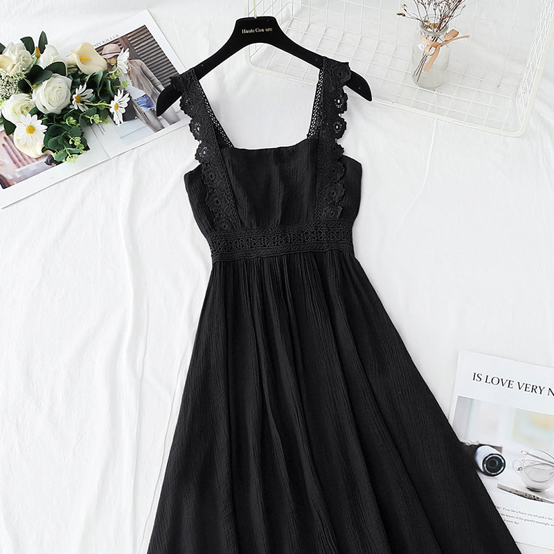 Cotton linen dress French retro gentle suspender dress  4263