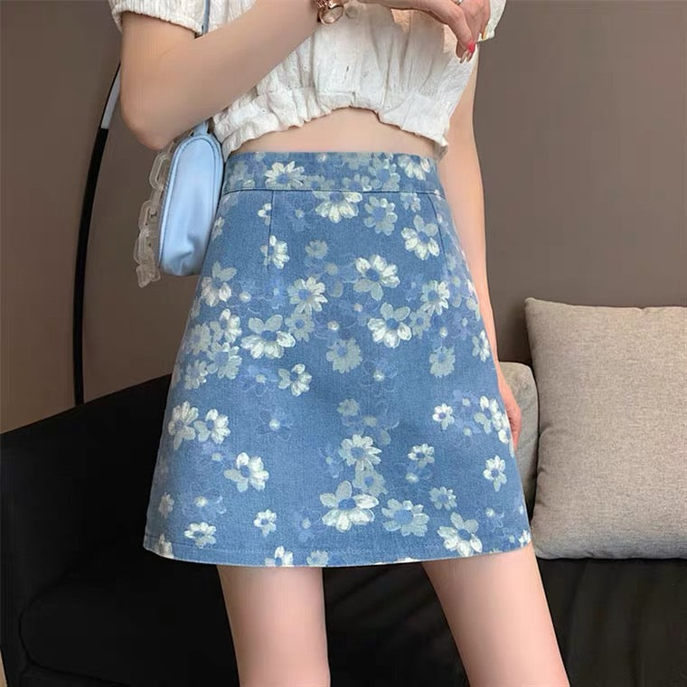 Flower denim skirt, new style, high waist bodycon skirt, A-line skirt  3556