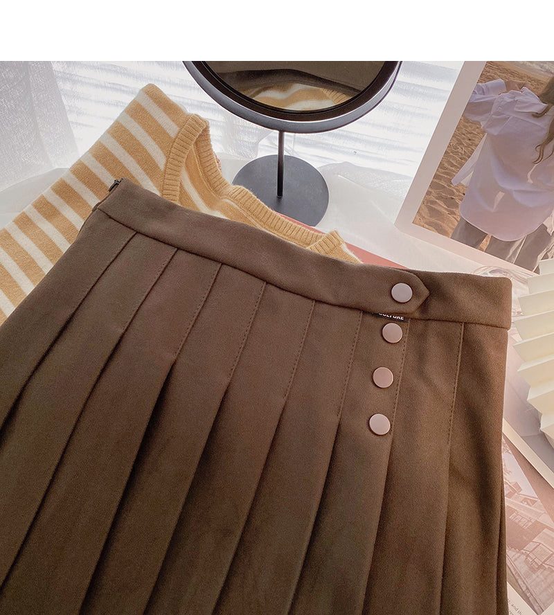 Simple age reducing solid color high waist thin pleated skirt  5474