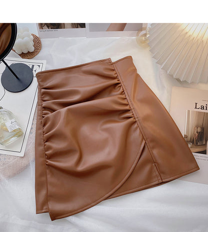 High waist pleated design, irregular, slim, hip wrapped leather skirt  5323