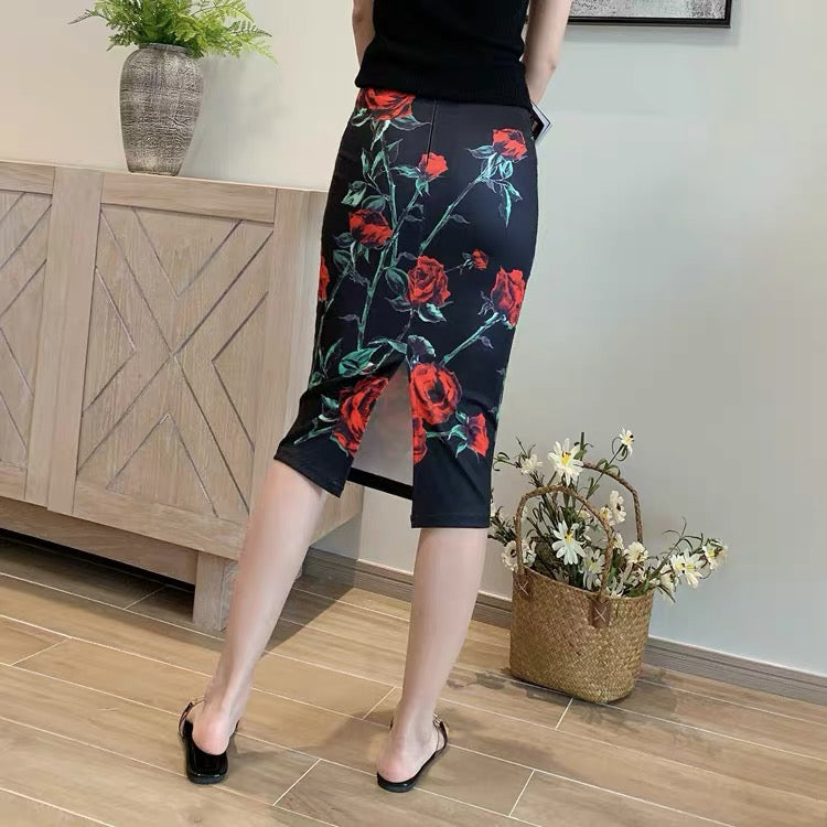 Vintage, ethnic style, high waist slim skirt, summer, new style, flower print bodycon stretch skirt  3534